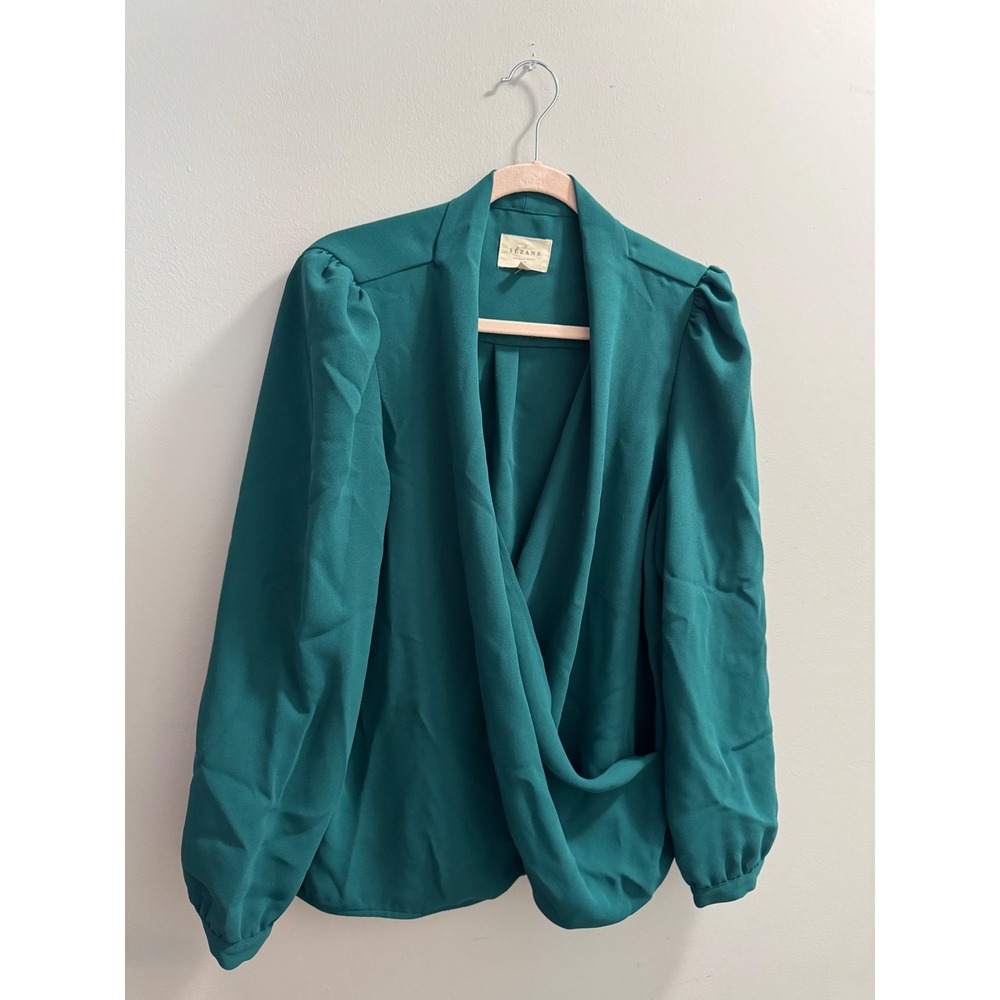 Sezane Abelia Shirt Emerald Green Wrap Blouse Puff Sleeve Size 46 US 14